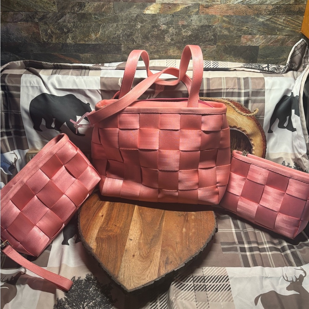 Pink Harvey’s purse and wristlet and makeup bag !